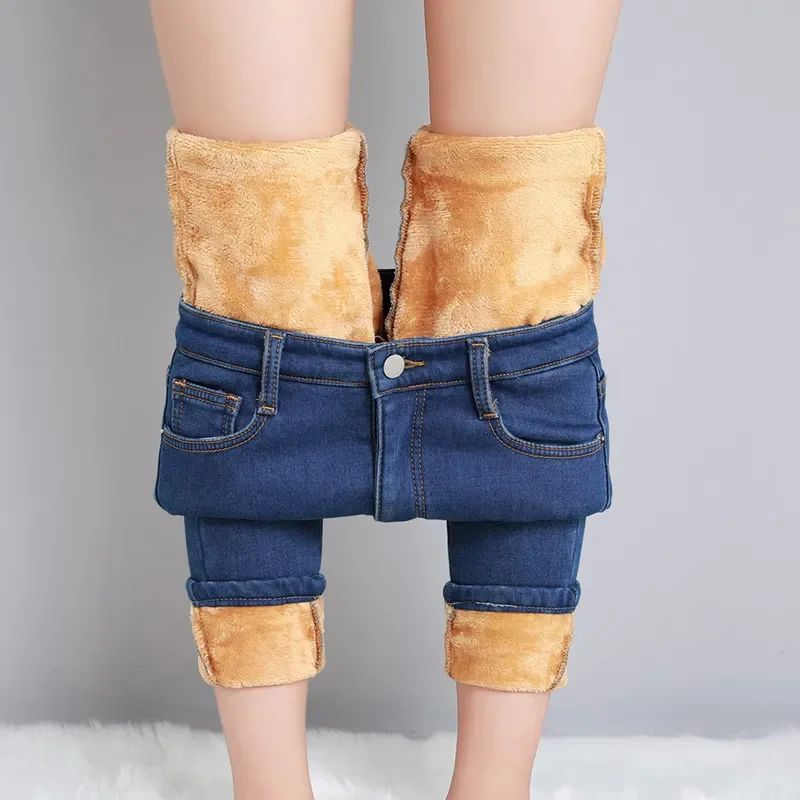 Women Thermal Jeans Winter Snow Warm Thickened Fleece Stretch Skinny Pencil Pants Fashion Korean Slim Fit Velvet Plush Pants