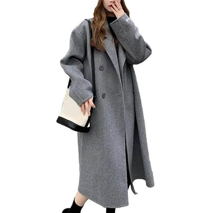 Women Coat Double-Breasted Mid-length Outerwear Lapel Stylish Warm Mid-Length Double Pockets Winter Coat Lady Accessories
