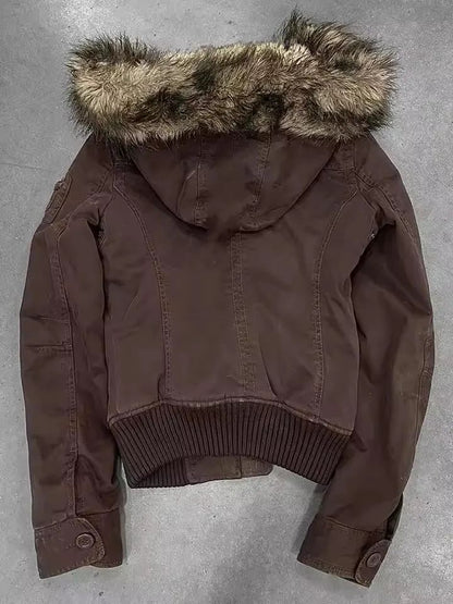 Y2K Vintage Autumn and Winter Lamb Fleece Lining Jackets Women's Cotton Brown Zipper Hooded Jacket Fur Collar Keep Warm Coat