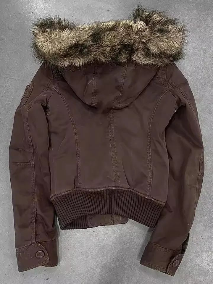 Y2K Vintage Autumn and Winter Lamb Fleece Lining Jackets Women's Cotton Brown Zipper Hooded Jacket Fur Collar Keep Warm Coat