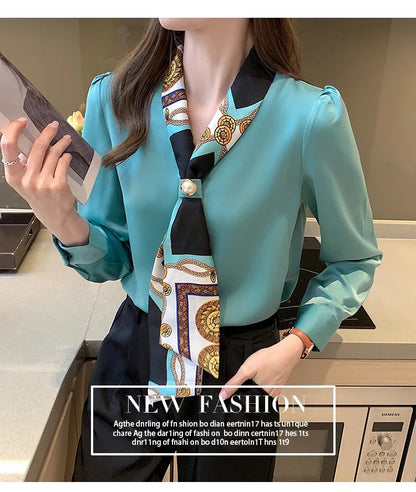 FANAN Elegant Fashion Office Lady Bow Solid Chiffon Shirts Women Clothing New Long Sleeve V-Neck Pullover Top Blouses Female2025