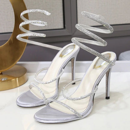 Eilyken Fashion Style Sandálias Femininas com Tira no Tornozelo, Strass e Diamantes, Sexy, Bico Aberto, Salto Agulha Fino, Sapatos de Festa para Boate e Banquete