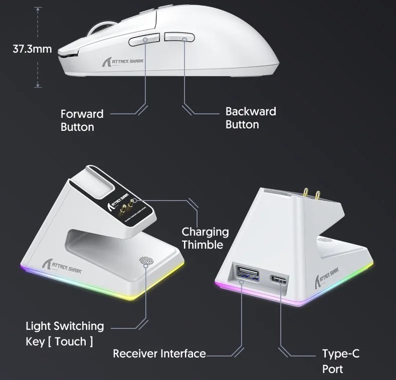 Attack Shark X6 Wireless Ergonomic Gaming Mouse Adjustable DPI Wired 2.4G/Bluetooth High Precision Rechargeable Mice