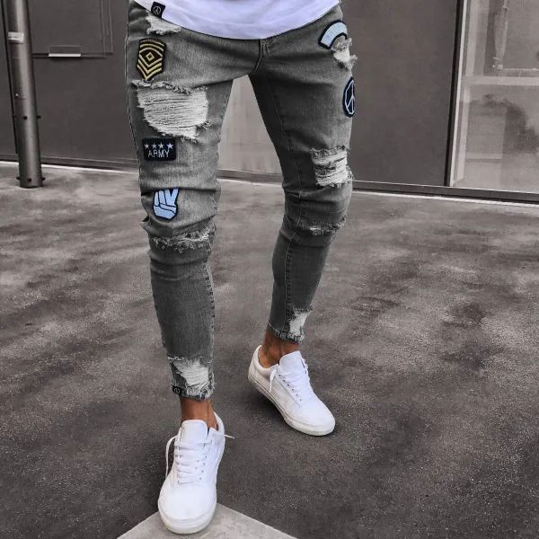 New Style Men's Hip Hop Slim Fit Jeans You And Smooths Your Silhouette Ripped Small Footwear Amazon WISH Badge Plus Size Jeans N