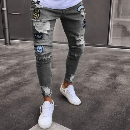 New Style Men's Hip Hop Slim Fit Jeans You And Smooths Your Silhouette Ripped Small Footwear Amazon WISH Badge Plus Size Jeans N