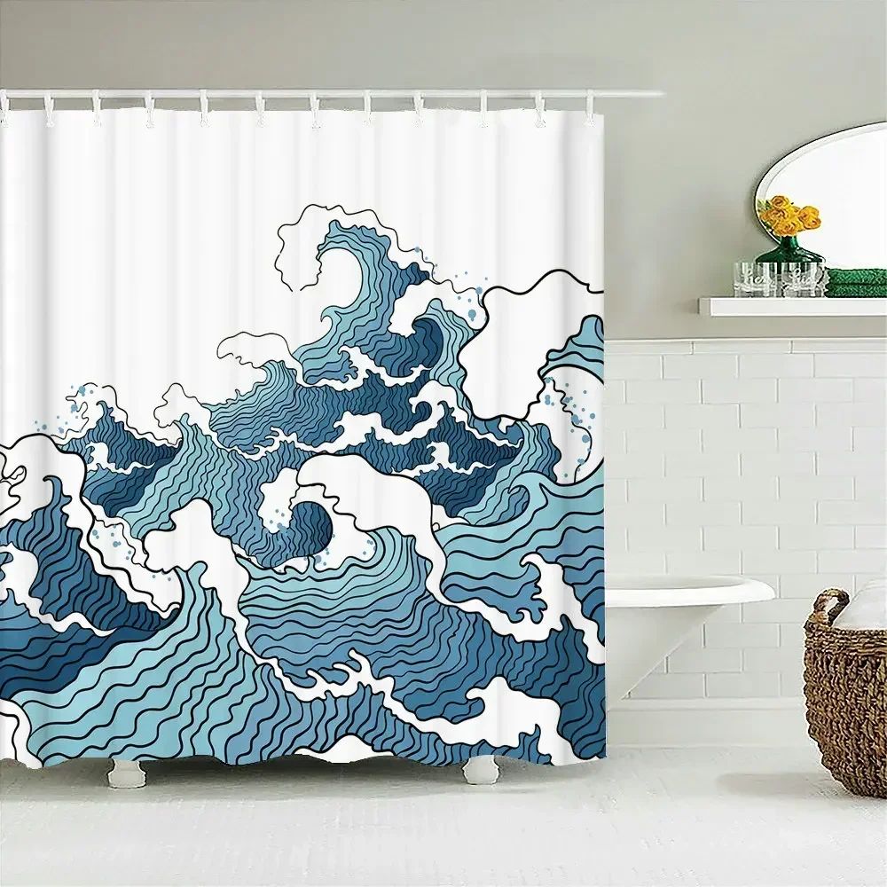 Japanese-style Waves Printing Shower Curtain with Hooks Home Decoration Bathroom Curtains 180x180cm Waterproof Polyester Fabric