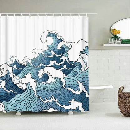 Japanese-style Waves Printing Shower Curtain with Hooks Home Decoration Bathroom Curtains 180x180cm Waterproof Polyester Fabric