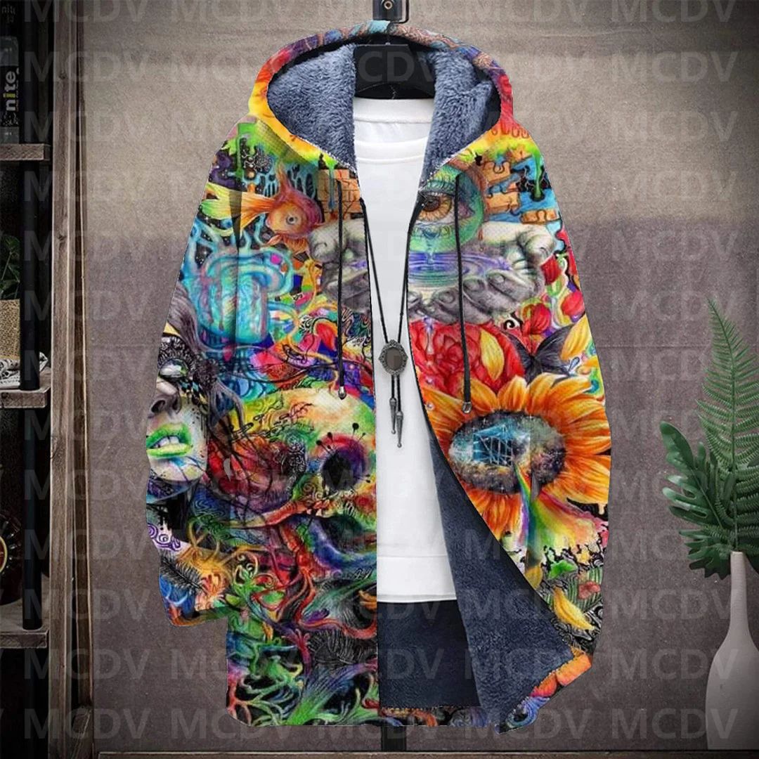 Men's Retro Print Plush Thick Long-Sleeved Coat Cardigan Psychedelic 3D Prined Fleece Hooded Overcoat Unisex Thick Warm Jacket