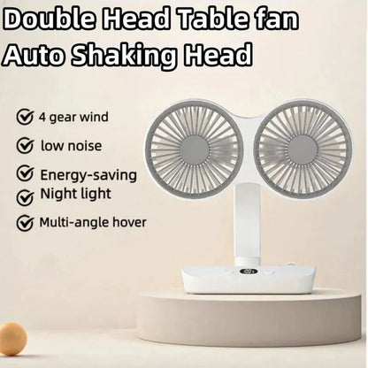 Multi Function Double Head Shaking Fan with 4 Gears Adjustable Speed HD Digital Display Night Lights Portable Cooling Fan