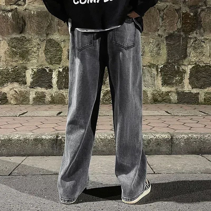Calças Jeans Longas Masculinas Casuais de Cores Sólidas Coreanas Calça Clássica de Sarja Reta Quatro Estações Masculina de Perna Larga Azul Claro Cinza Preto S-3XL