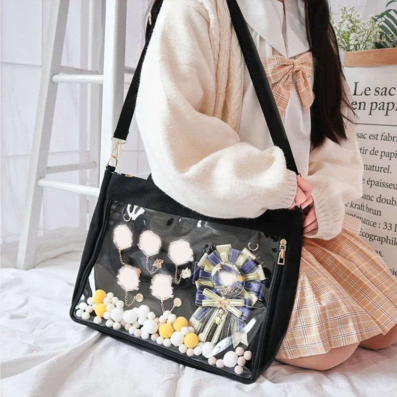 Japanese Big Ita Bag Black with Insert Cute Clear Women Double Straps Girls Kawaii Transparent Shoulder Bag Purses and Handbags