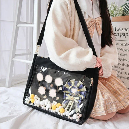Japanese Big Ita Bag Black with Insert Cute Clear Women Double Straps Girls Kawaii Transparent Shoulder Bag Purses and Handbags
