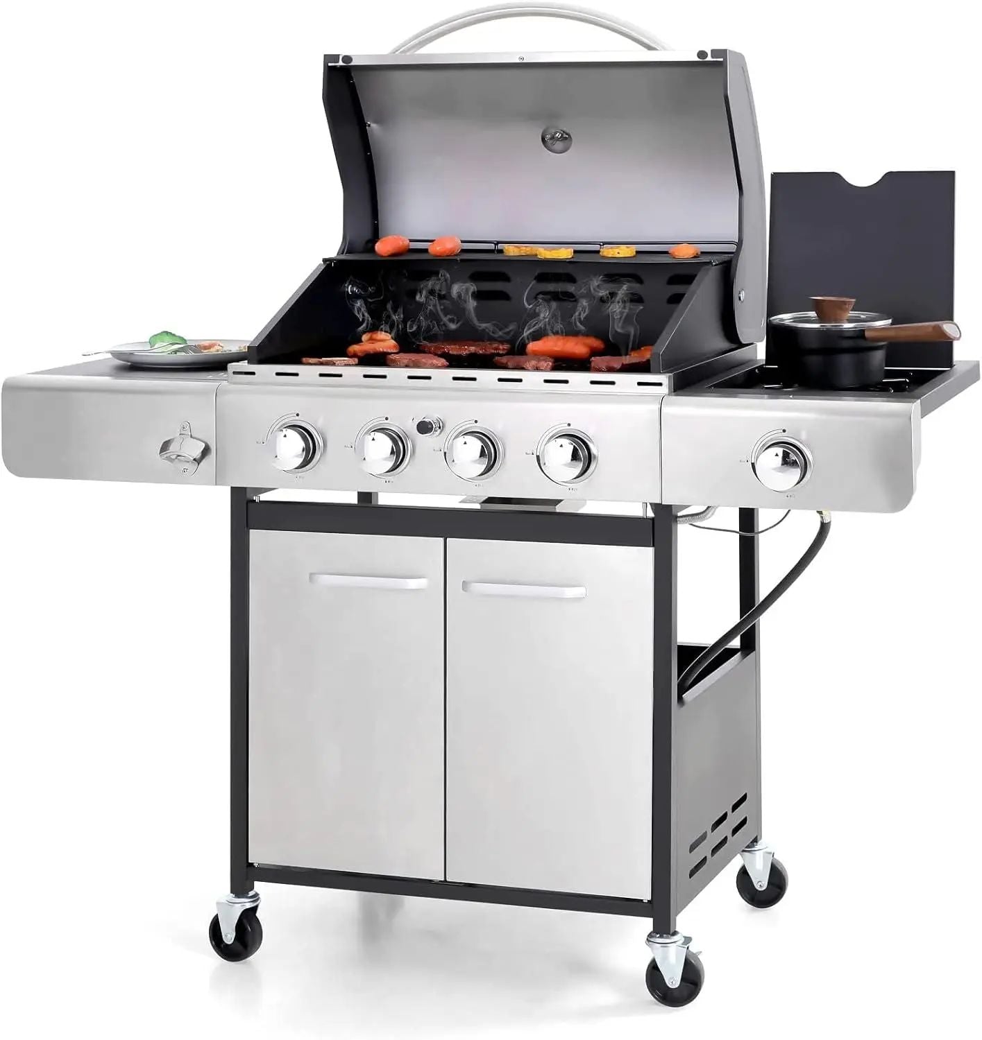 4-Burner Propane Gas Grill, Stainless Steel BBQ Grill with Side Burner Grill