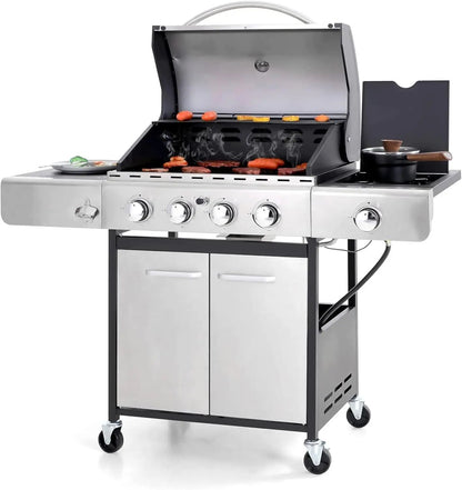 4-Burner Propane Gas Grill, Stainless Steel BBQ Grill with Side Burner Grill