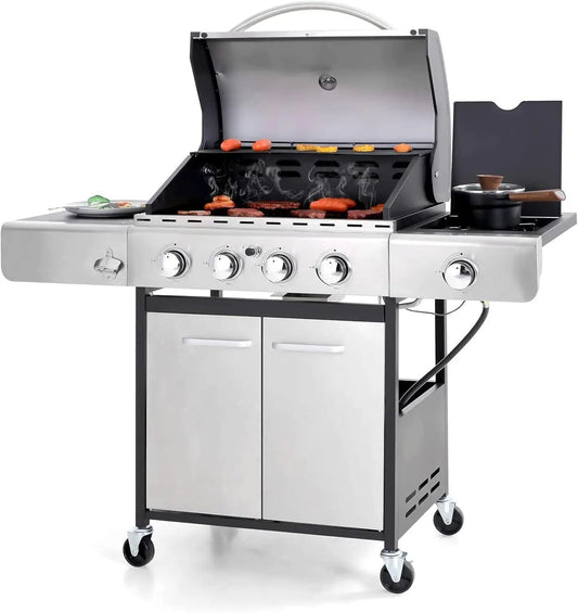 4-Burner Propane Gas Grill, Stainless Steel BBQ Grill with Side Burner Grill