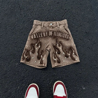 Goth Print Silk Jeans Men Shorts Street Harajuku Hiphop Vintage High Waited Denim Shorts of Men Clothing Casual Loose Pants Mens