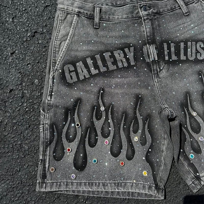 Goth Print Silk Jeans Men Shorts Street Harajuku Hiphop Vintage High Waited Denim Shorts of Men Clothing Casual Loose Pants Mens