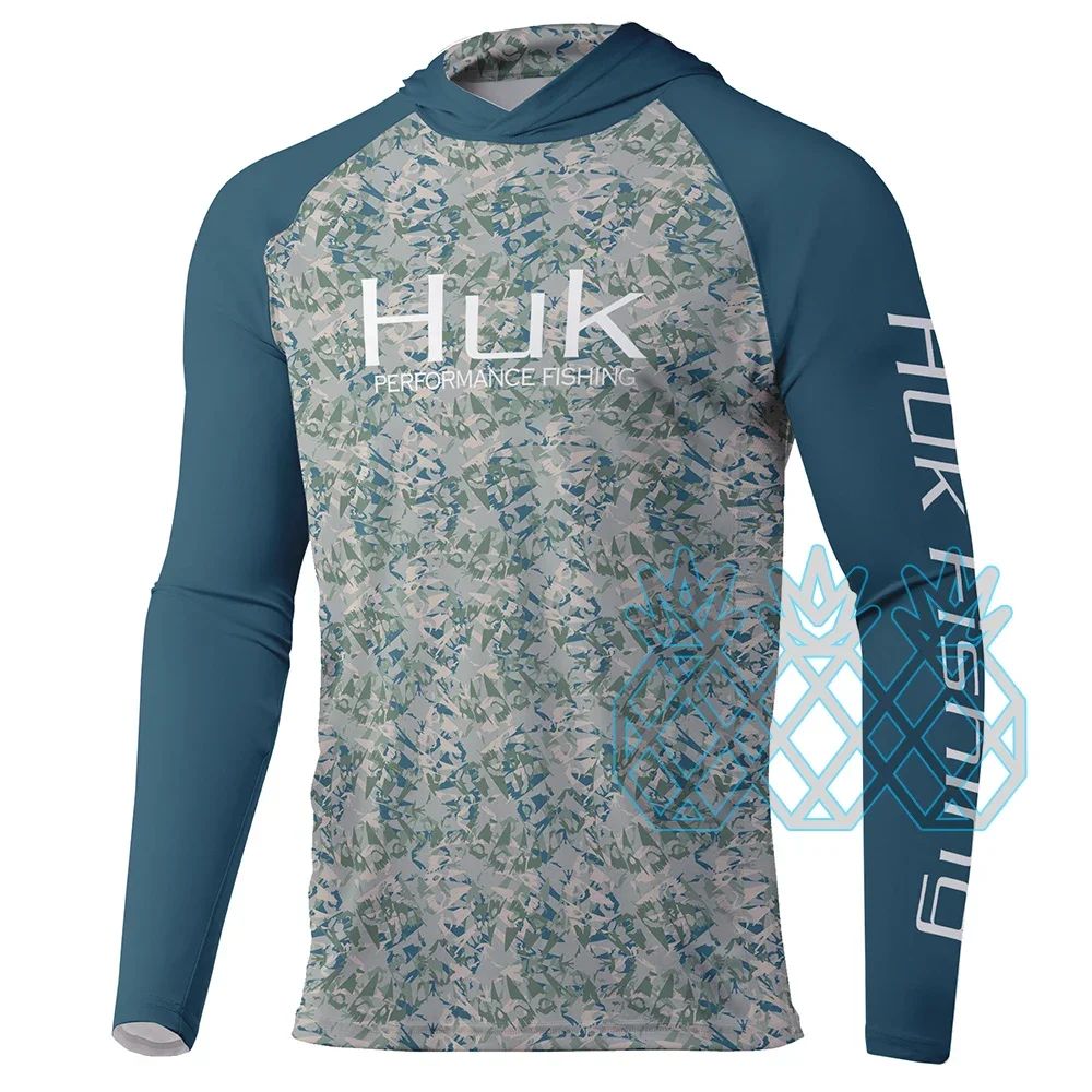Camisas de Pesca HUK Masculina de Desempenho Manga Longa Moletom com Capuz UPF 50+ Blusas de Pesca Esportes ao Ar Livre Proteção UV Respirável Roupa de Pesca