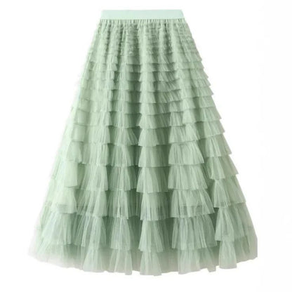 HOT Solid Multilayer Ruffle Mesh Skirt Women Boho High Waist Long Maxi Tulle Skirt Spring Summer Party Women's Clothing