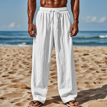 Calça Casual Masculina de Linho com Elástico na Cintura, Calça de Praia Leve com Cordão, Calça de Yoga de Verão Cor Sólida, Calça de Praia