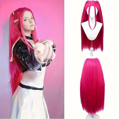 Girl group role-playing synthetic wig, purple split braid wig, rose red long straight hair with bun, romantic party photo