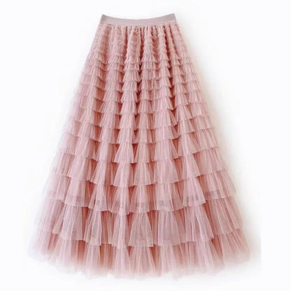 HOT Solid Multilayer Ruffle Mesh Skirt Women Boho High Waist Long Maxi Tulle Skirt Spring Summer Party Women's Clothing