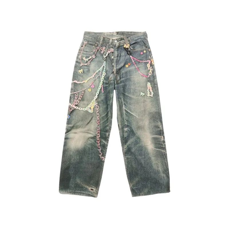 Calça Jeans Casual Unissex com Estampa Digital 3D de Corrente de Doce Estilo American High Street, com Efeito Desgastado e Perna Reta