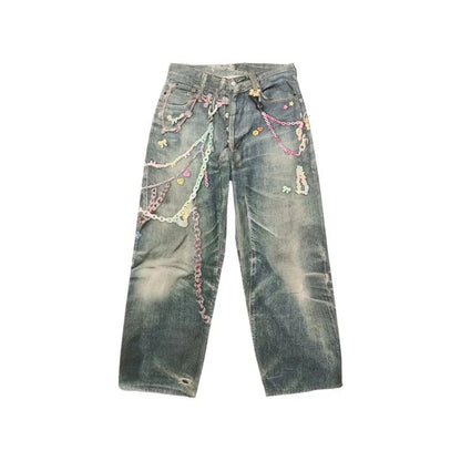 Calça Jeans Casual Unissex com Estampa Digital 3D de Corrente de Doce Estilo American High Street, com Efeito Desgastado e Perna Reta