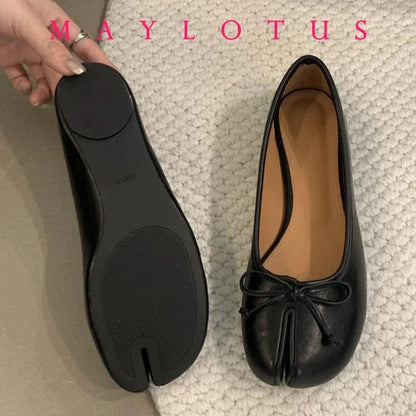 Spring Women Flat Split Toe Shoes with Bow Soft Leather Bow Tie Front Shallow Slip On  Girls Tabi Shoes Flats Ballet Shoes