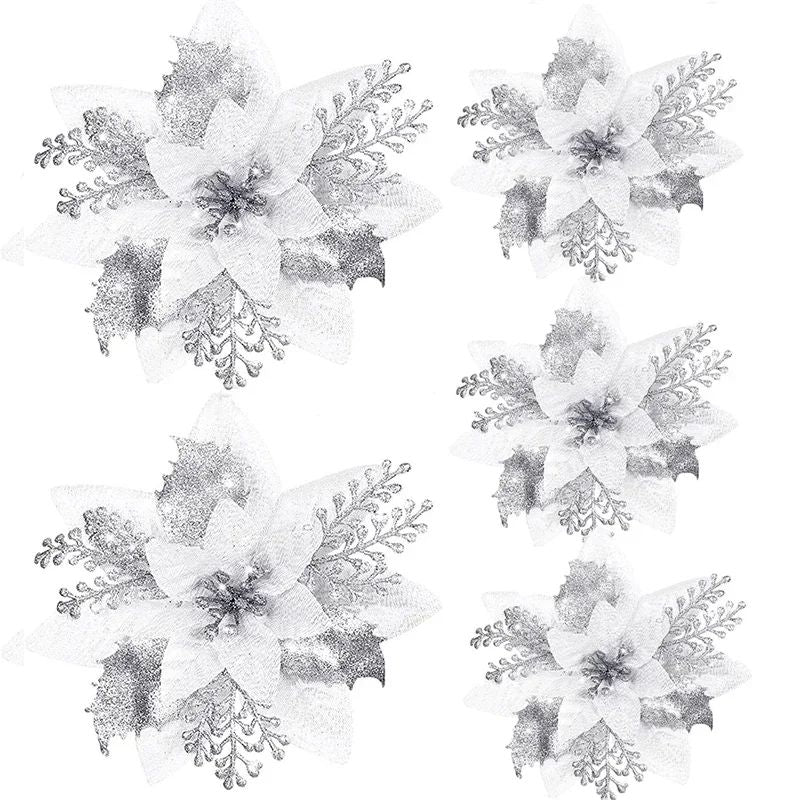 5pcs 14.5cm Glitter Artifical Christmas Flowers Mreey Christmas Tree Decoration Happy New Year Ornaments Xmas Fake Flowers natal