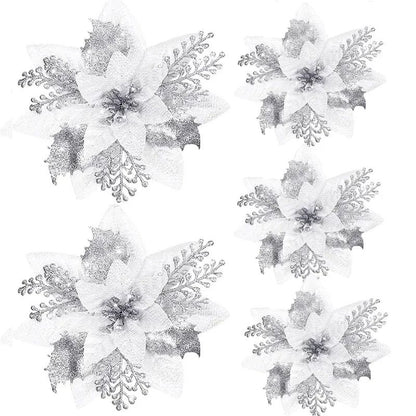 5pcs 14.5cm Glitter Artifical Christmas Flowers Mreey Christmas Tree Decoration Happy New Year Ornaments Xmas Fake Flowers natal