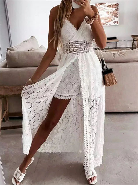 2025 Summer Women Lace Playsuit Dress Sleeveless V Neck Hollow Out Irregular Mid