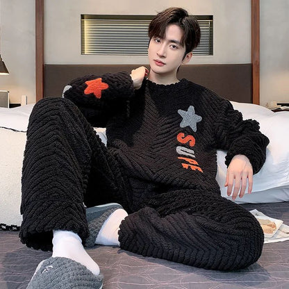 Thickened Warm Sleepwear for Winter Coral Velvet Autumn and Winter Men Flannel Loungewear Large Size 2 Piece Set Homewear