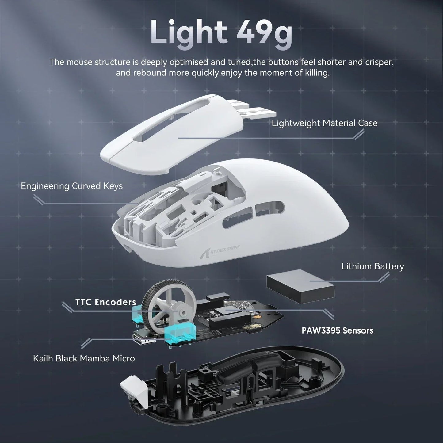 Mouse Gamer X3 PixArt PAW3395 Bluetooth 2.4G Tri-Mode, 26000dpi, 650IPS, 49g Leve com Macro