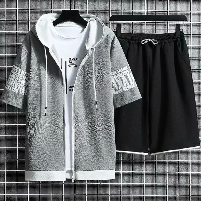 Summer Thin Men's Sports Suit 2-piece Set Casual Hooded Quick Dry Running Exercise Clothes Short Sleeve Shorts