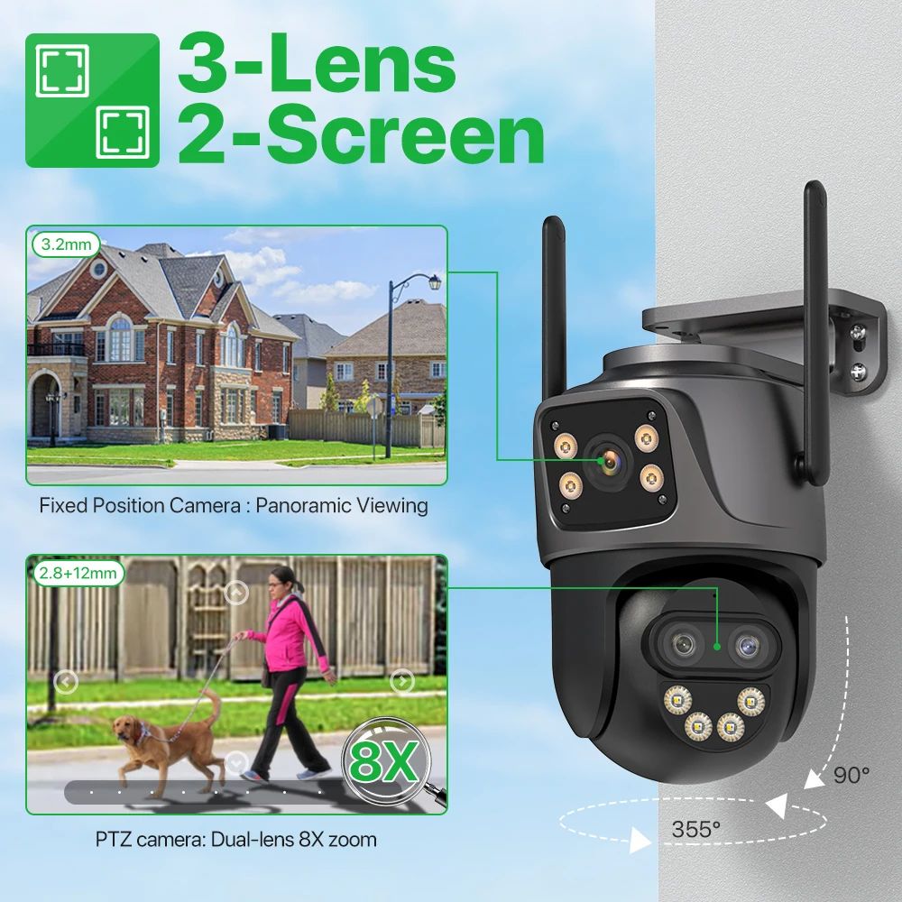 6K 9MP HD IP Camera Outdoor Three-Lens External WiFi Camera 4K/2K Dual Screen Security PTZ Cam Auto Tracking Surveillance iCSee