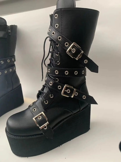 Plus Size 43 Autumn Women Boots Buckle Round Toe Wedges Platform Boots Punk Goth INS Women Street Shoes Combat Boots for Women