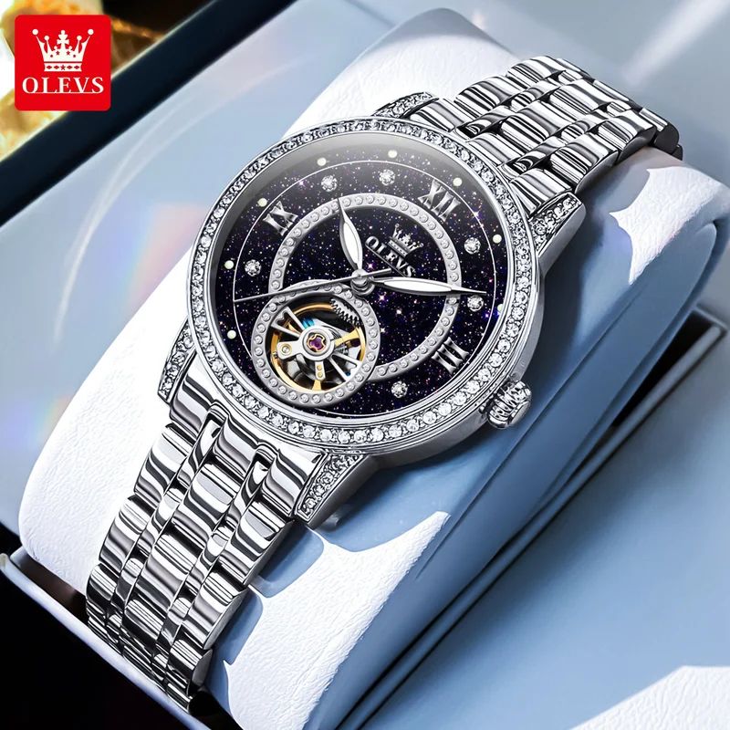 OLEVS Hollow Women's Watch Fully Automatic Mechanical Watch Luxury Diamond Inlaid Starry Sky Elegant Women's Brand Watch  7036
