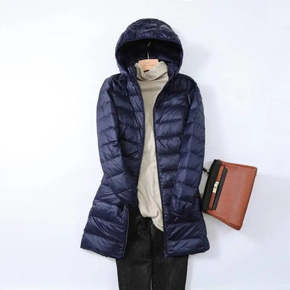 Hoody Long White Duck Down Coat Autumn Winter Portable Hooded Puffer Down Jacket Women Casual Double Zipper Windproof Thin Light