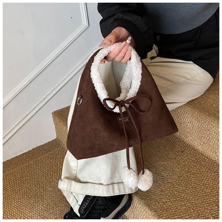 Faux Suede Solid Color Bow Hairy Cute Women's Handbags Christmas Gift Giving Fashion Bags 2025 Autumn/winter New Shoulder Bags