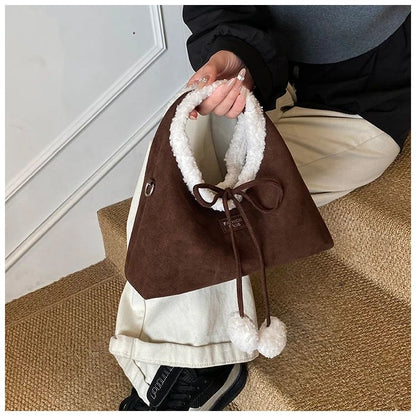 Faux Suede Solid Color Bow Hairy Cute Women's Handbags Christmas Gift Giving Fashion Bags 2025 Autumn/winter New Shoulder Bags
