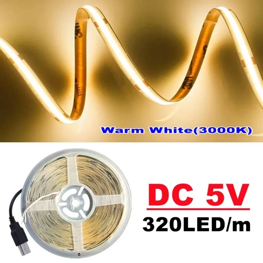 DC5V COB LED Light Strip With USB Power Supply Light 320LED/m High-Density Flexible LED Lamp 3000K/4500K/6500K COB Light Strip