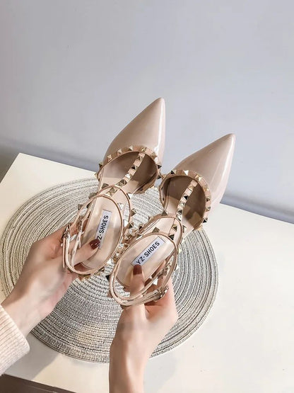 Riveted Nude High Heel Sandals for Women in Summer 2024, New Slim Heeled Pointed Fashion Sexy Back Empty Women's Sandals