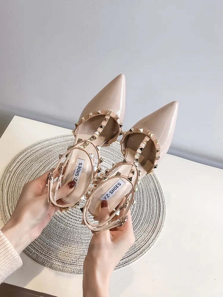 Riveted Nude High Heel Sandals for Women in Summer 2024, New Slim Heeled Pointed Fashion Sexy Back Empty Women's Sandals
