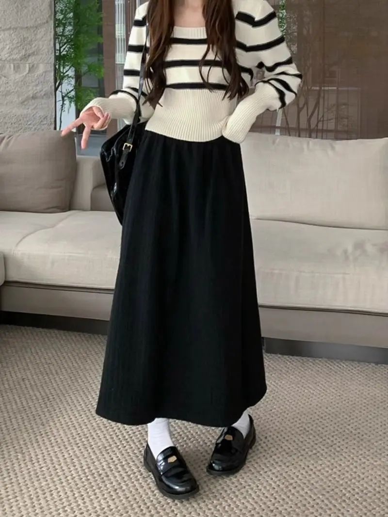 Plus Size Women's Fleece-Lined Thickened Skirt High-Waisted Slimming Medium-Length A- Line Korean Style New Arrival For Autumn/W
