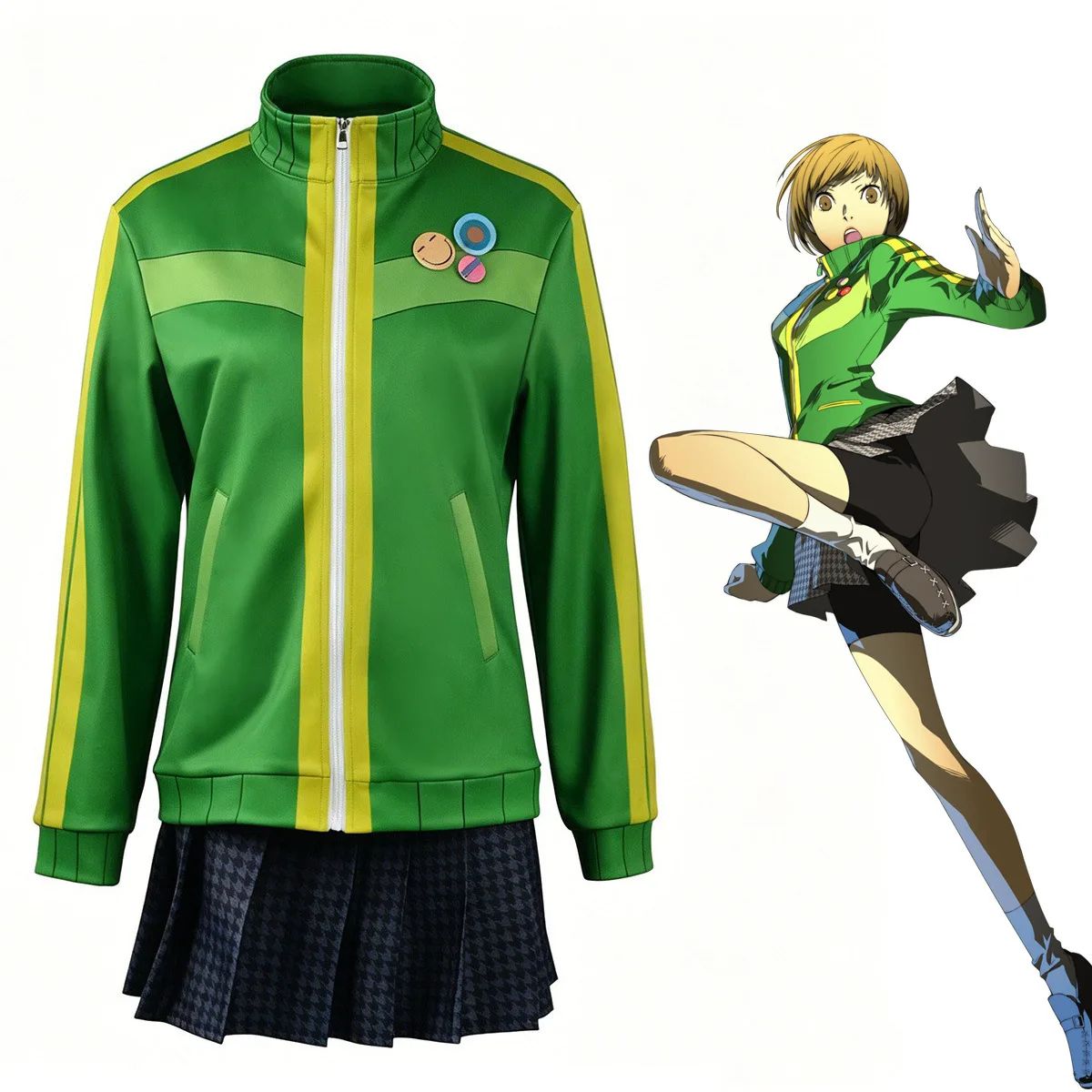 Anime Chie Satonaka Cosplay Costume JK Sport Uniform Costume Green Yellow Striped Zip-Up Track Jacket Skirt Set for Daily Suit