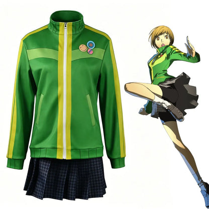 Anime Chie Satonaka Cosplay Costume JK Sport Uniform Costume Green Yellow Striped Zip-Up Track Jacket Skirt Set for Daily Suit