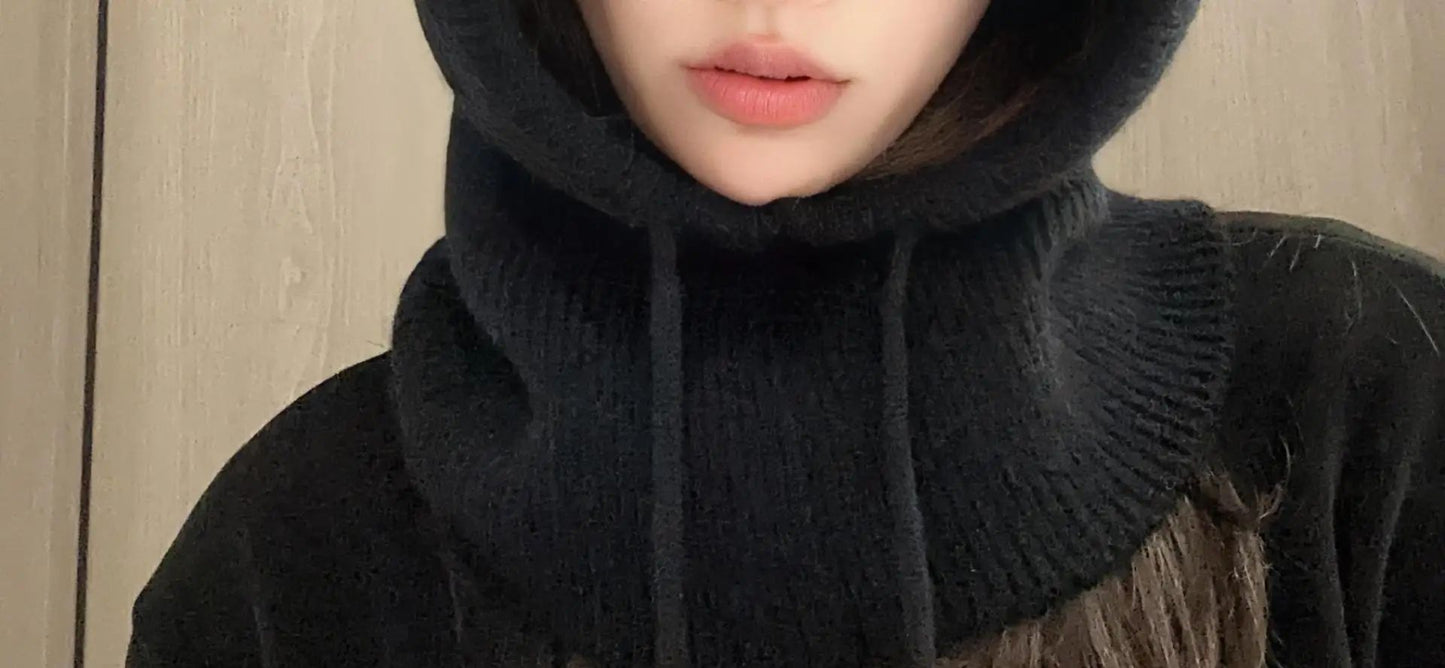 Knitted Hooded Caps Winter Balaclava Hats Women Korean Style Outdoor Warmer Drawstring Hats One-piece Neck Collar Beanies Cap