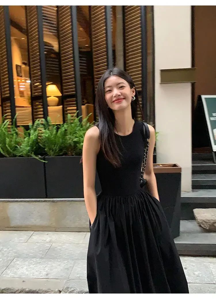 New Vintage Black Tank Top Midi Dress Wedding Dresses for Women Clothing O Neck