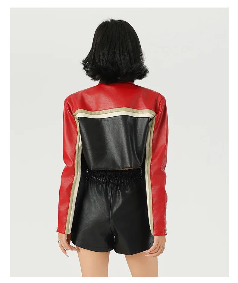 New Fall Women's Red Long-Sleeve Faux Leather Jacket, Short-Length Fashionable Biker PU Coat.